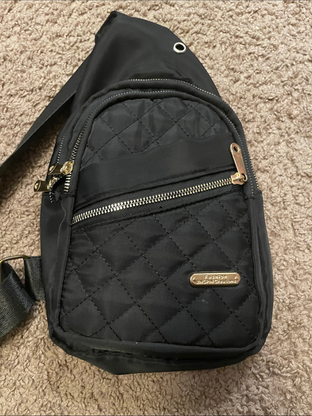 Black Quilted Unisex Sling Bag with Gold Accents